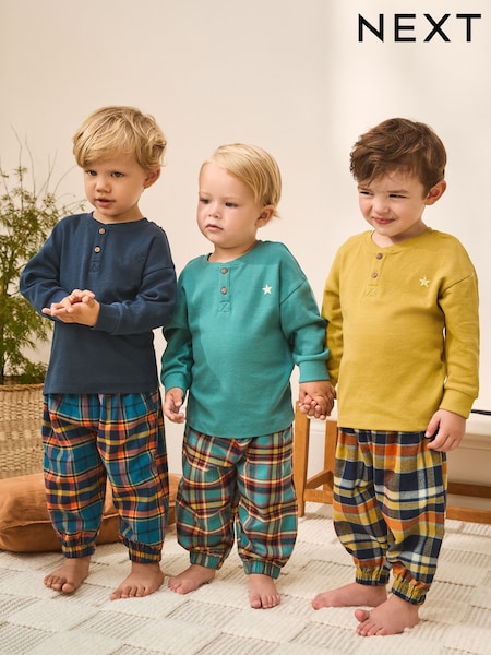 Teal/Navy/Ochre - Check Woven Bottom Pyjamas 3 Pack (9mths-12yrs) (F75387) | € 39 - € 49