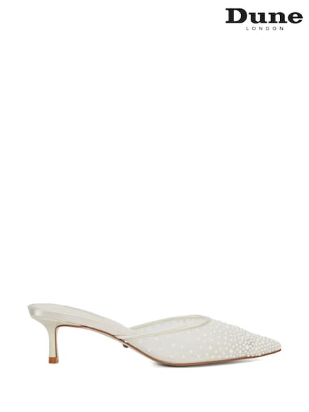 Dune London White Cuddling Bridal Mesh Kitten Mule Heels (F75486) | €237