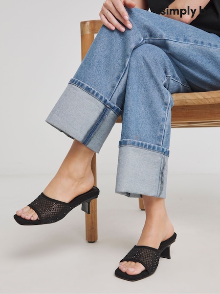 Simply Be Black Wide Fit Diamante Mesh Kitten Heels Mules (F75648) | €52