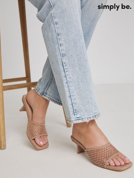 Simply Be Brown Wide Fit Diamante Mesh Kitten Heels Mules (F75667) | €52