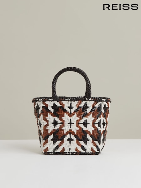 Reiss Tan/White/Black Margot Small Leather Woven Tote Bag (F75737) | OMR251