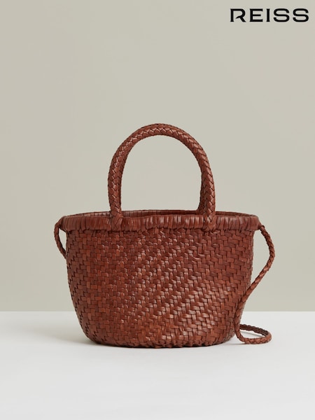 Reiss Tan Nia Leather Woven Mini Tote Bag (F75739) | €285