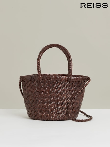 Reiss Chocolate Nia Leather Woven Mini Tote Bag (F75740) | €301