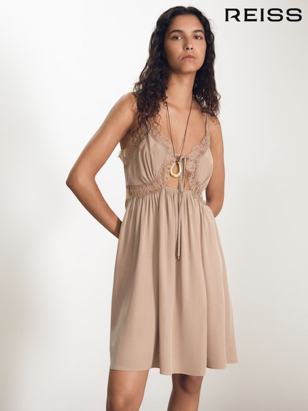 Reiss Taupe Estella Atelier Silk Lace-Trim Babydoll Dress (F75745) | €224