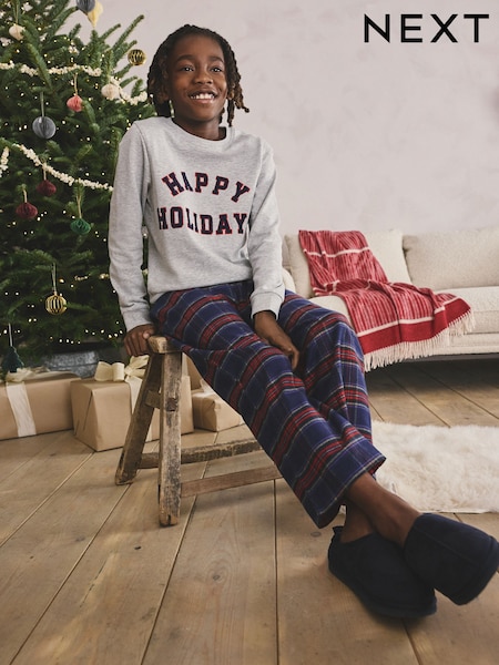 Grey/Navy/Red Check Happy Holidays Family Christmas Single Woven Pyjamas (5-16yrs) (F75830) | €22.50 - €29