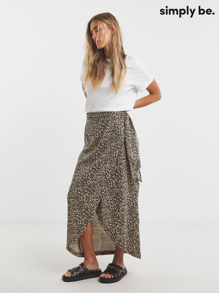 Simply Be Brown Linen Wrap Loop Detail Midi Skirt (F75844) | €50