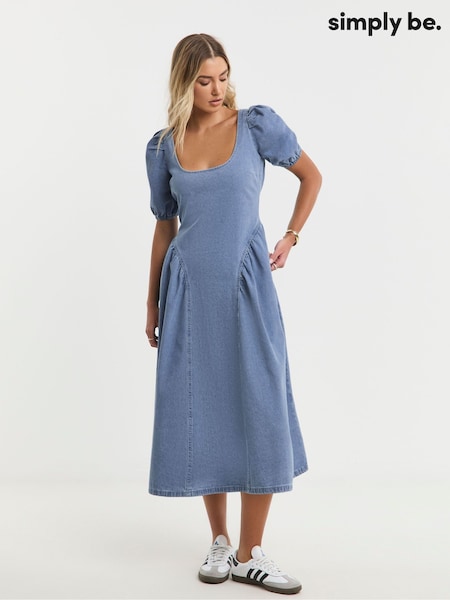 Simply Be Blue Bow Back Puff Sleeve Denim Dress (F75851) | €69