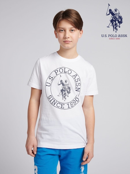 U.S. Polo Assn. White Boys 100% Cotton Circle Print T-Shirt (F75911) | R$ 195 - R$ 235