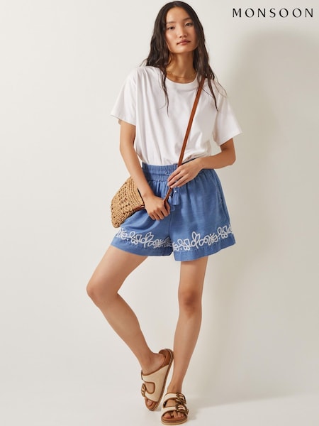Monsoon Blue Isolde Embroidered Chambray Boho Shorts (F75956) | €59