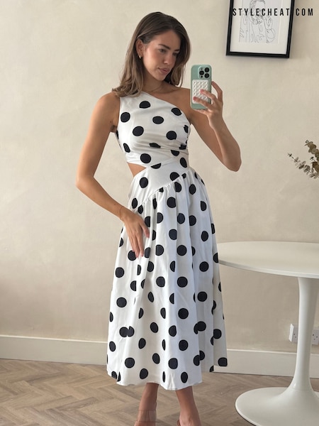 Style Cheat White Polka Dot One Shoulder Printed Jasmine Midi Dress (F76060) | 307 QAR