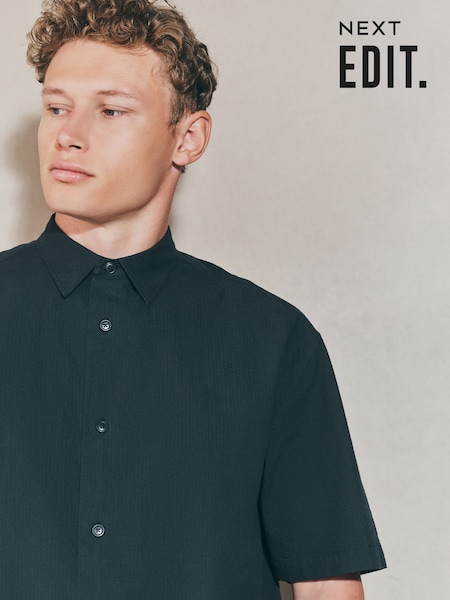 Negru - EDIT Boxy Fit Seersucker Short Sleeve Shirt (F76222) | 236 LEI