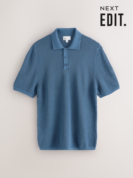 Blue Regular Fit EDIT Short Sleeve Open Knit Polo Shirt (F76232) | €42