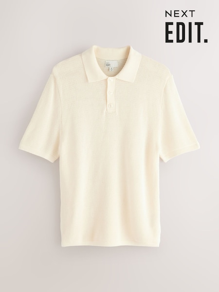 Ecru White Regular Fit EDIT Short Sleeve Open Knit Polo Shirt (F76239) | R$ 305