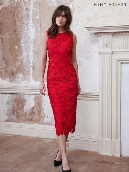 Mint Velvet Red Floral Print Lace Midi Dress (F76375) | €264