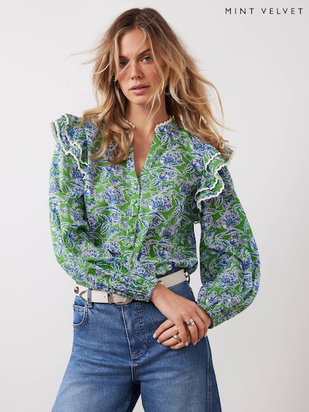 Mint Velvet Green Floral Print 100% Cotton Blouse (F76382) | ₪448
