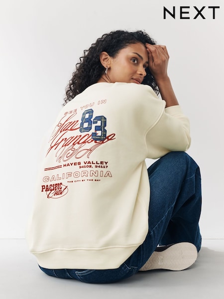 Ecru/Berry Embroidered San Francisco Sports City Graphic Sweatshirt with Check Appliqué (F76702) | €41.50