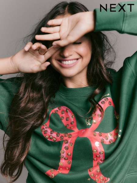 Green/Red Cotton Rich Seasonal Bow Graphic With Sparkle Sequins Longsleeve Crewneck Sweatshirt (F76703) | €38