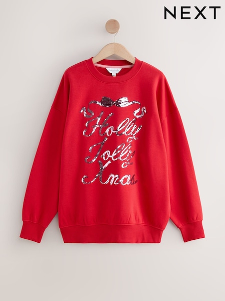 Red Seasonal Graphic 'Holly Jolly Christmas' Long Sleeve Sweatshirt (F76706) | AED126