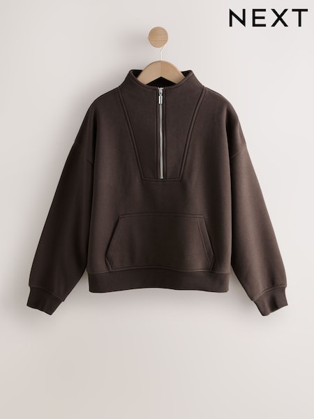 Rich Chocolate Brown Relaxed Fit Heavyweight Cotton Rich Jersey Zip Neck Sweatshirt (F76715) | €32