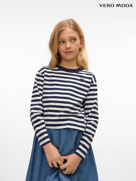 Albastru - VERO MODA Girls Long Sleeve Cropped Stripe Jersey T-Shirt (F76741) | 119 LEI