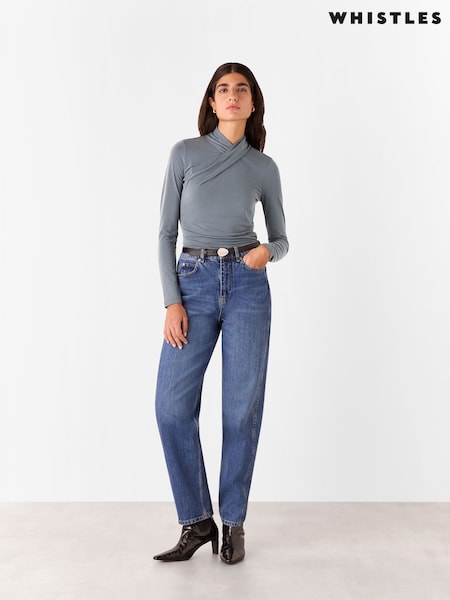 Whistles Grey Drape Neck Jersey Top (F76774) | 195 QAR