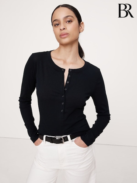 Banana Republic Black Airy Cotton Crepe Henley Top (F76796) | €46