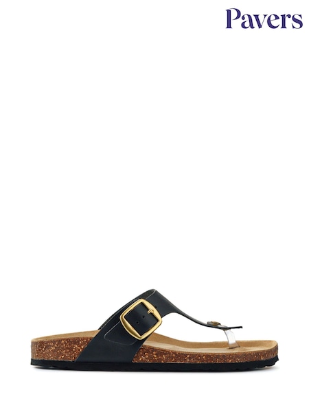 Pavers Black Leather Toe Post Sandals (F76814) | €36