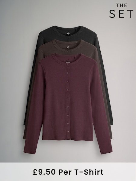 The Set Black/Chocolate Brown/Berry 3 Pack Long Sleeve Button Through Rib T-Shirts (F76838) | €38