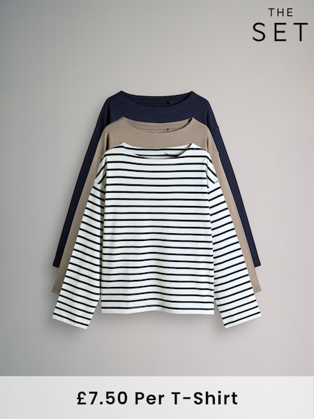 The Set Navy/Stripe/Neutral 3 Pack Boat Neck Heavyweight T-Shirts (F76840) | €40