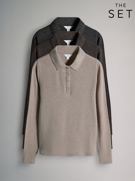 The Set Black/Brown/Taupe 3 Pack Long Sleeve Slub Polo T-Shirts (F76841) | AED166