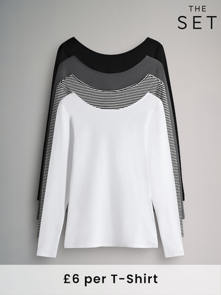 The Set Black/Charcoal Grey/Stripe/White 4 Pack Scoop Back Long Sleeved T-Shirts (F76842) | €34