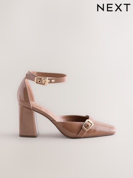 Brown Forever Comfort® Buckle Closed Toe Block Heels (F76965) | AED159