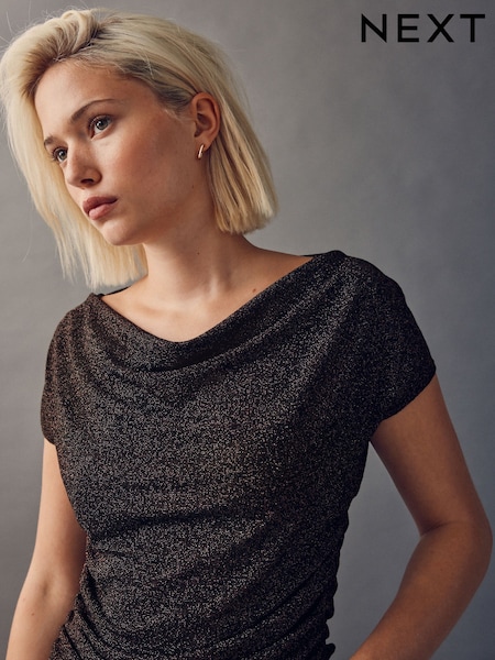 Čokoladno rjava - Sparkle Metallic Cowl Drape Short Sleeve Top (F76975) | € 30