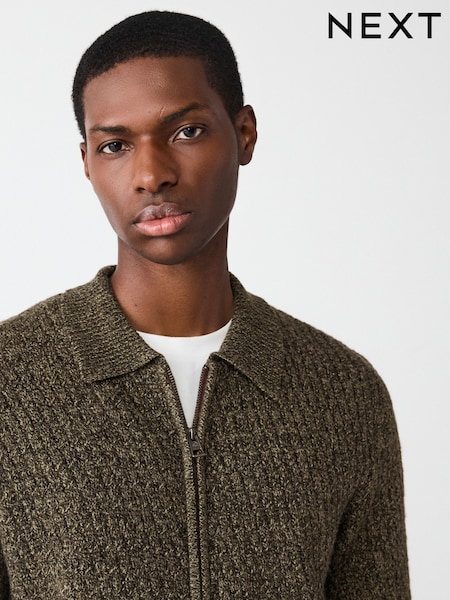Khaki Green Zip Through Regular Fit Textured Zip-Through Jumper (F77072) | €55