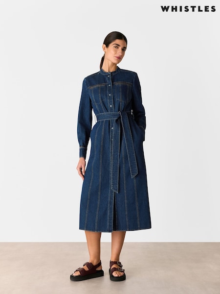Whistles Blue Myra Denim Midi 100% Cotton Dress (F77092) | €190