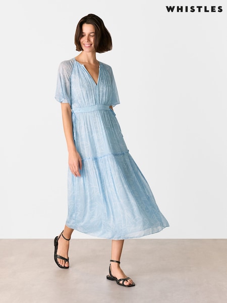 Whistles Blue Bamboo Leaves Gathered Dress (F77100) | €253