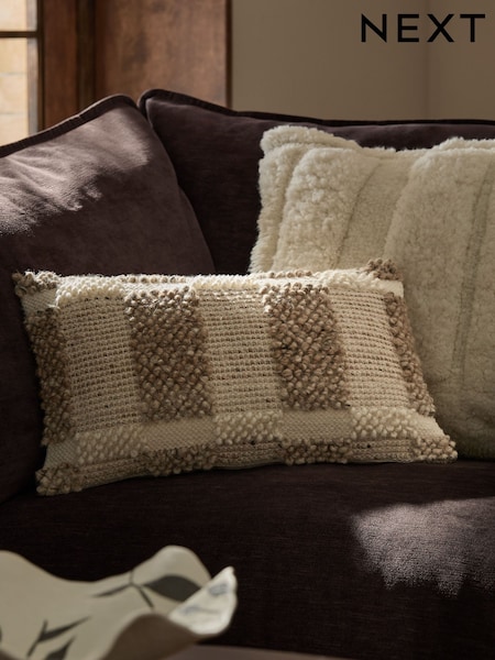 Mid Natural 50 x 30cm Assembled Woven Textured Check Cushion (F77117) | SGD 30