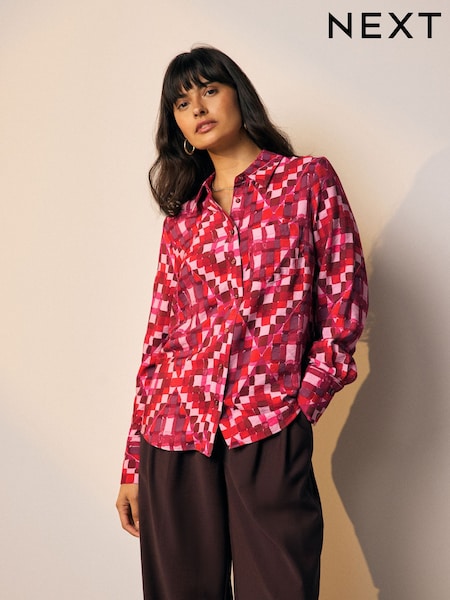 Pink Geometric Print Long Sleeve Button Down Shirt (F77206) | €27