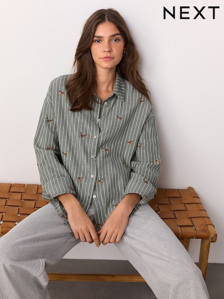 Green/White Stripe Conversational Embroidered Long Sleeve Shirt (F77218) | €54
