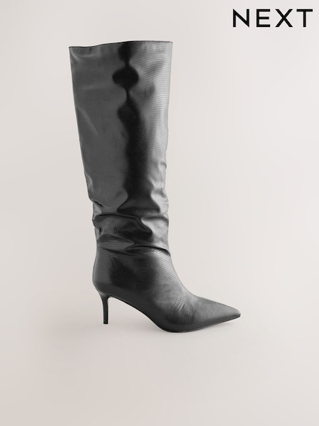 Black Forever Comfort® Point Toe Heel Slouch Knee High Boots (F77228) | €69