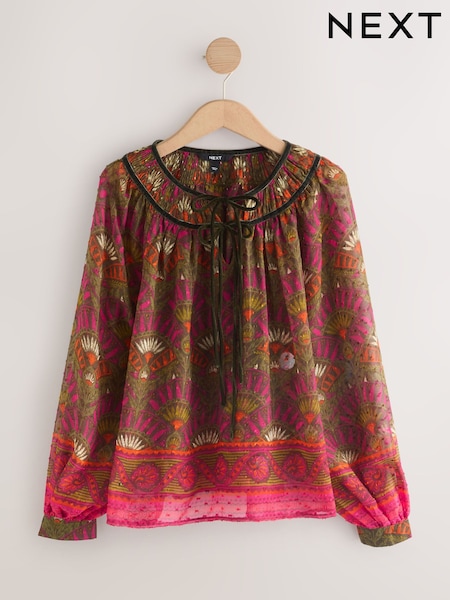 Pink/Green Geometric Border Print Tie-Neck Long Sleeve Blouse (F77375) | €32.50