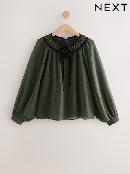 Khaki Green Tie-Neck Long Sleeve Blouse (F77376) | €29