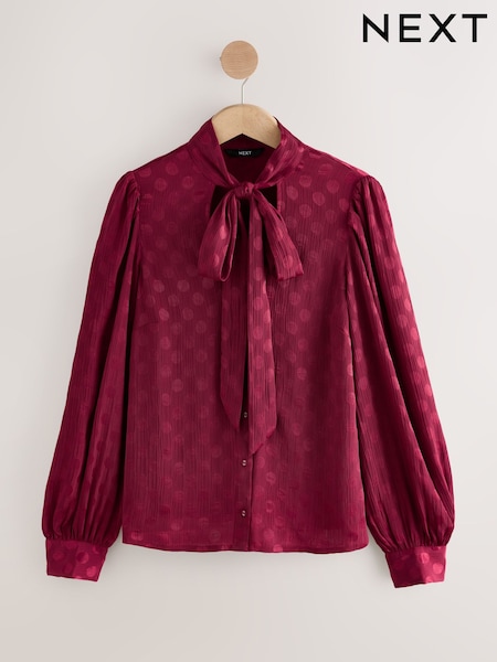 Wine Satin Polka Dot Long Sleeve Tie Neck Blouse (F77377) | R$ 280