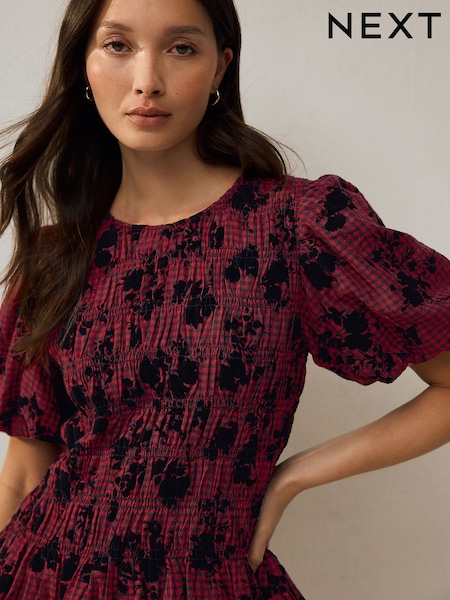Red/Black Check Flocked Puff Short Sleeve Blouse (F77379) | €45