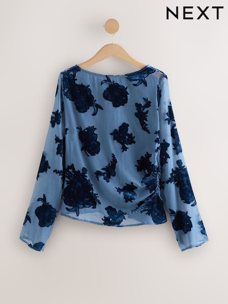 Blue Sheer Flocked Floral Print Velvet Long Sleeve Top (F77383) | €39