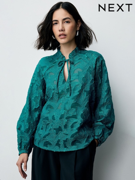 Teal Blue Jacquard Long Sleeve Blouse (F77386) | €43.50