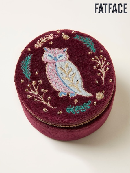FatFace Burgundy Red Owl Embroidered Travel Jewellery Box (F77448) | AED114