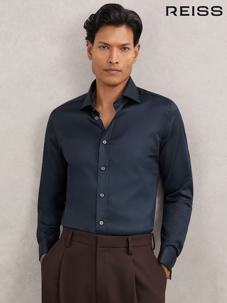 أزرق داكن - تلبيس ضيق - Reiss Bishopsgate Cotton-Tencel Stretch Double Cuff Shirt (F77509) | ‏720 ر.ق.