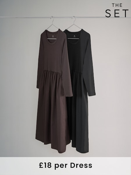 The Set Black/Chocolate Brown 2 Pack Long Sleeve Jersey Woven Mix Dresses (F77577) | €48