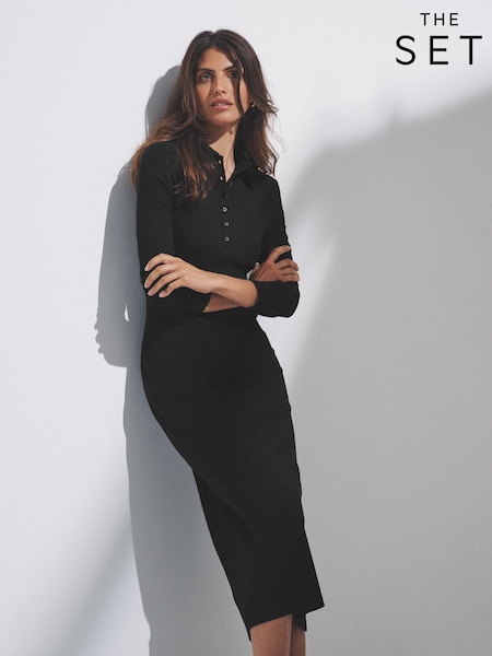 The Set Black/Stripe 2 Pack Collared Rib Midi Dresses (F77579) | €45